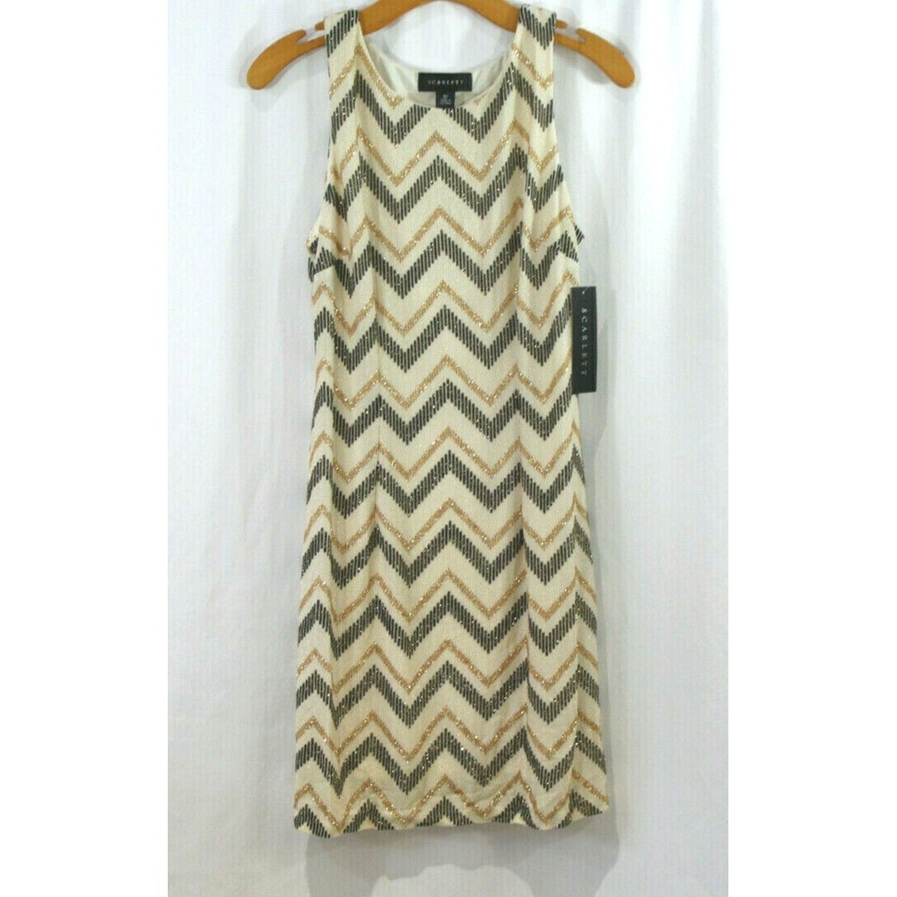 NWT Scarlett Gold Sparkly Chevron Stripe Sleeveless Dress 10 Petite